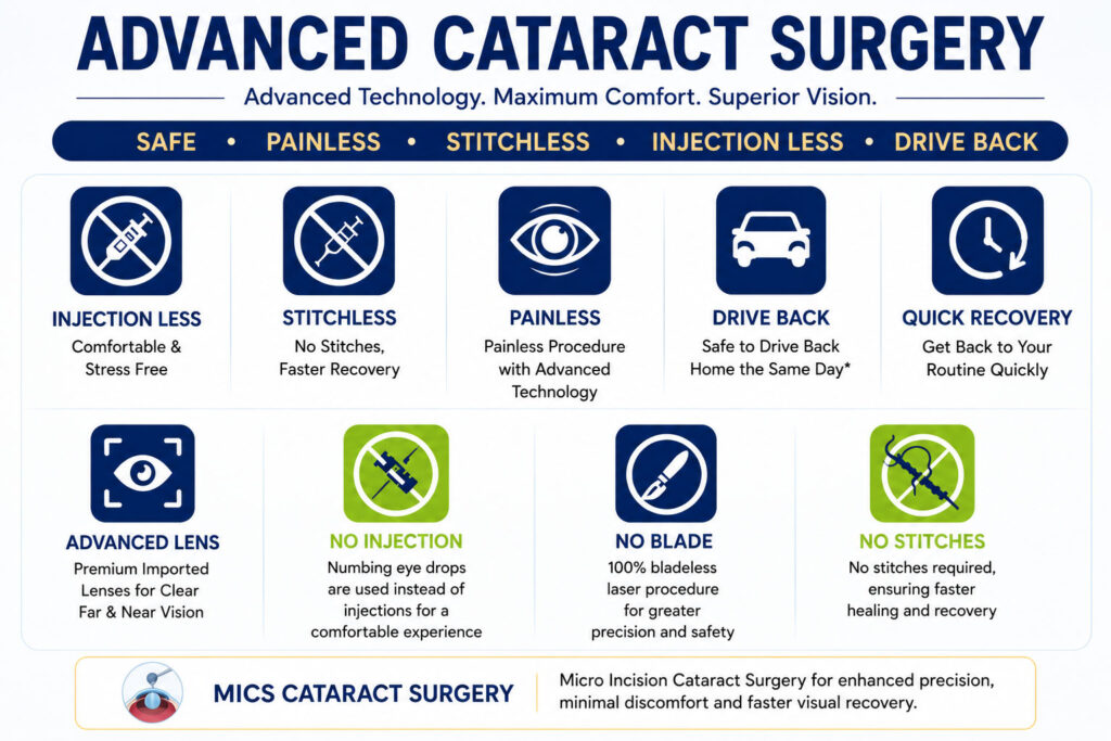 stichless cataract surgery stichless injection less,bladeless MICS cataract surgery