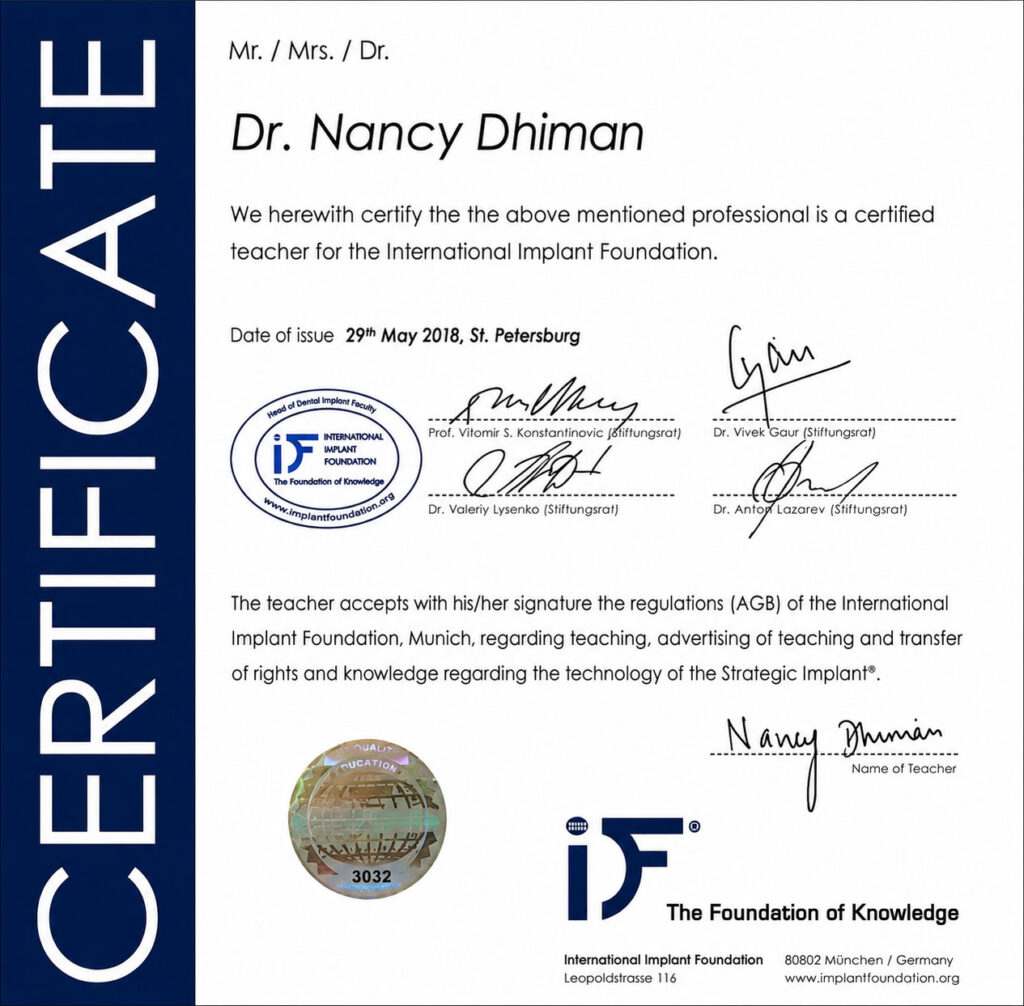 Dr Nancy Dhiman certified IF teacher in implants Munich Germany