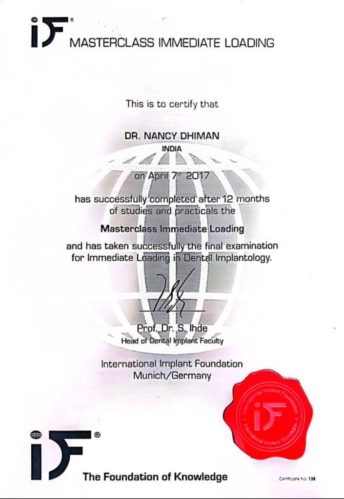 Dr Nancy Dhiman certified master in implants Munich Germany 1